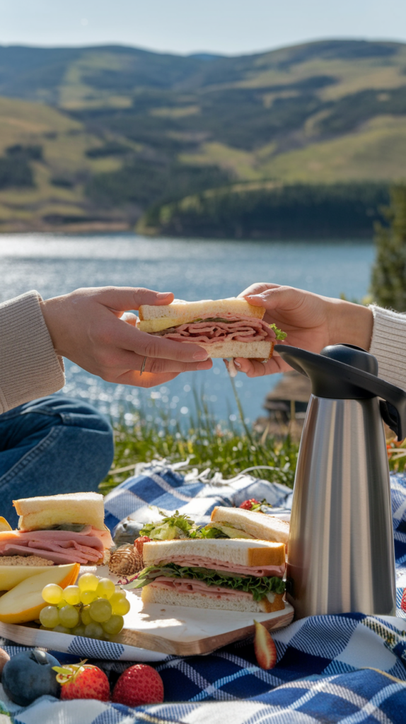 Couple sharing a picnic with homemade food during a budget-friendly road trip.