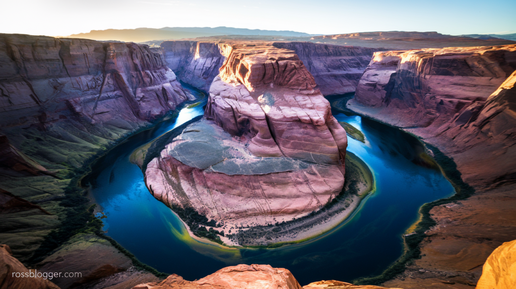 Spectacular view of Horseshoe Bend, with reddish-brown canyon cliffs and a winding blue river forming a dramatic loop, bathed in golden sunset light.