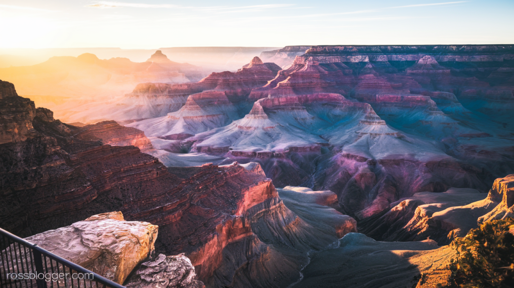 Majestic view of the Grand Canyon at sunset, featuring vibrant red and orange rock formations, golden sunlight, and a visitor viewpoint railing in the foreground.