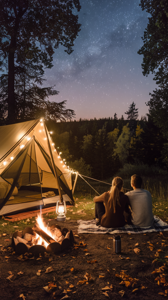 Couple enjoying a cozy campsite under a starry sky during a romantic road trip.