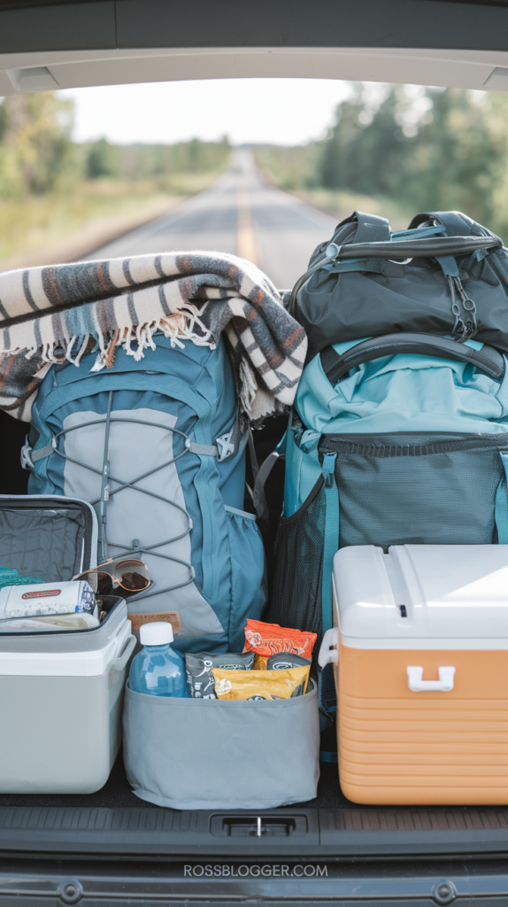 Car trunk packed with backpacks, a cooler, snacks, sunglasses, and a map, ready for an organized and comfortable road trip adventure.