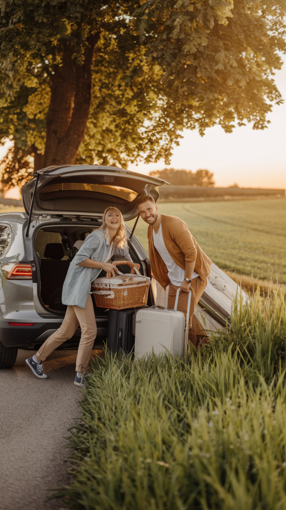 Couple packing a car with luggage and a picnic basket for a romantic budget-friendly road trip.