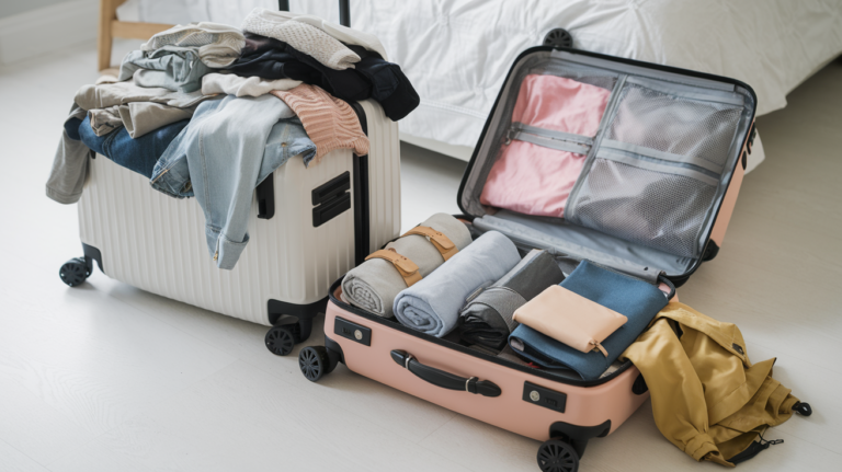 Side-by-side comparison of an overpacked suitcase and an organized suitcase with travel essentials neatly arranged.