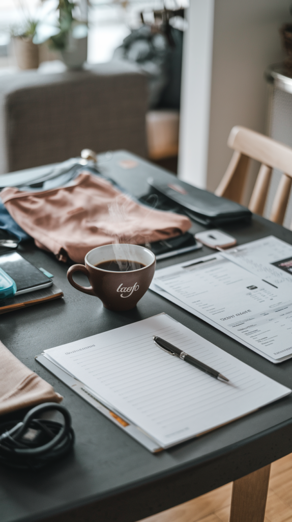 A dining table with a steaming cup of coffee, a pen, and a fresh piece of paper or an open app. Essentials like outfits, a phone charger, and a travel itinerary are laid out, with a relaxed, homey atmosphere in the background.