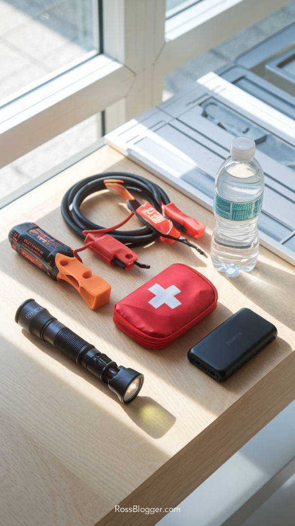 Flat lay of a road trip safety kit, including a flashlight, jumper cables, first aid kit, phone charger, and water bottle, designed for safe travel preparation.