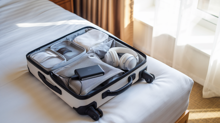 A suitcase filled with essential travel gadgets like a charger, headphones, adapter, and packing cubes, neatly arranged on a hotel bed.