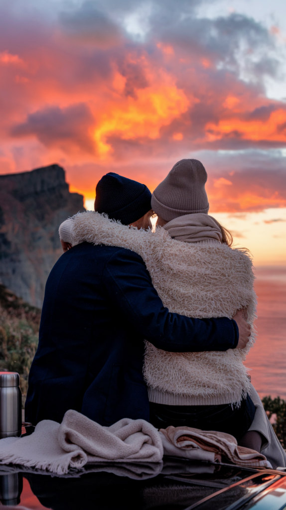 Couple watching a sunset from their car at a scenic overlook during a romantic road trip.