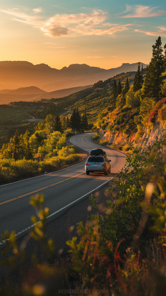 Scenic road winding through a mountain landscape at golden hour, with a car in the distance carrying a roof rack, evoking a sense of adventure and freedom.