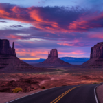 Sunset over Monument Valley with dramatic skies, showcasing three iconic buttes and a winding road leading into the vast desert