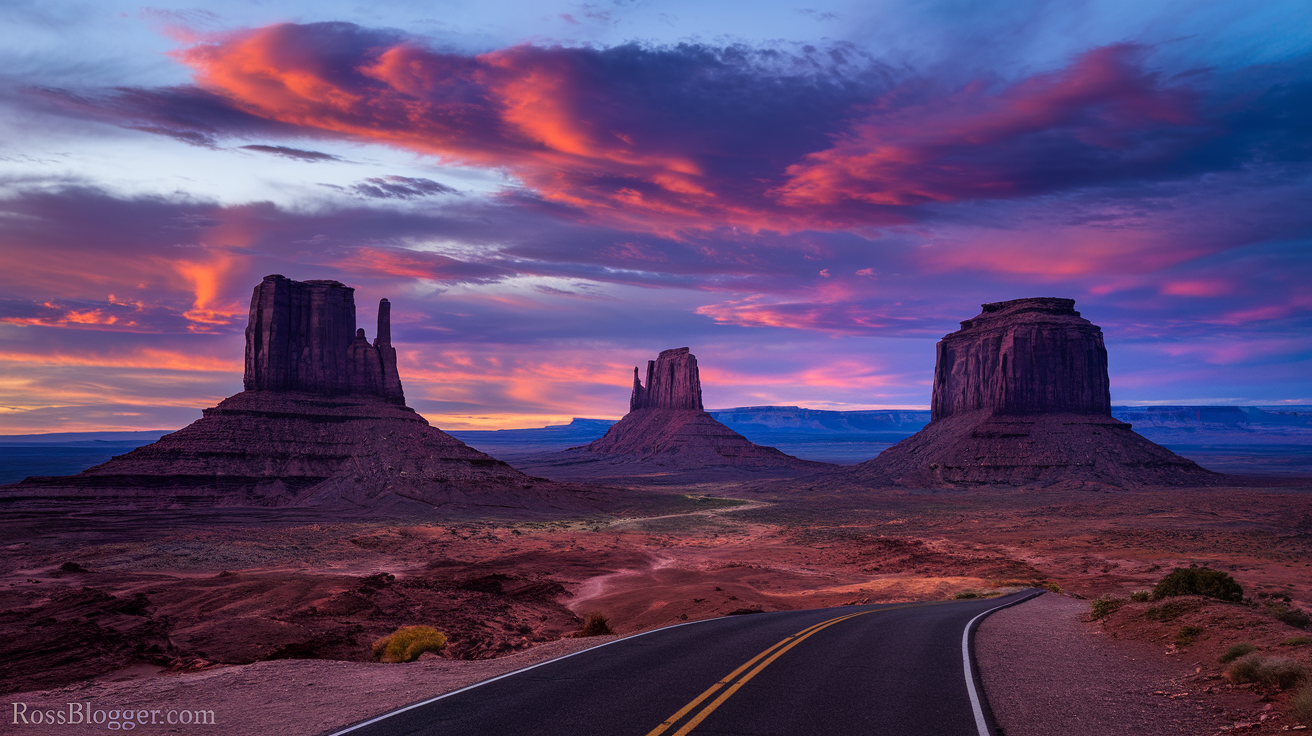 Sunset over Monument Valley with dramatic skies, showcasing three iconic buttes and a winding road leading into the vast desert