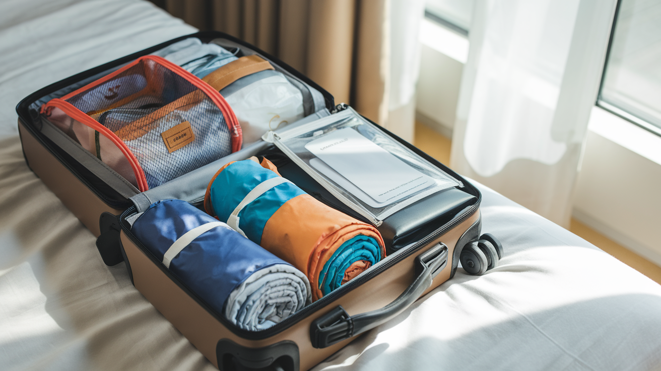 Neatly packed suitcase with rolled clothes, colorful packing cubes, travel-sized toiletries, and a waterproof pouch on a sunlit hotel bed.