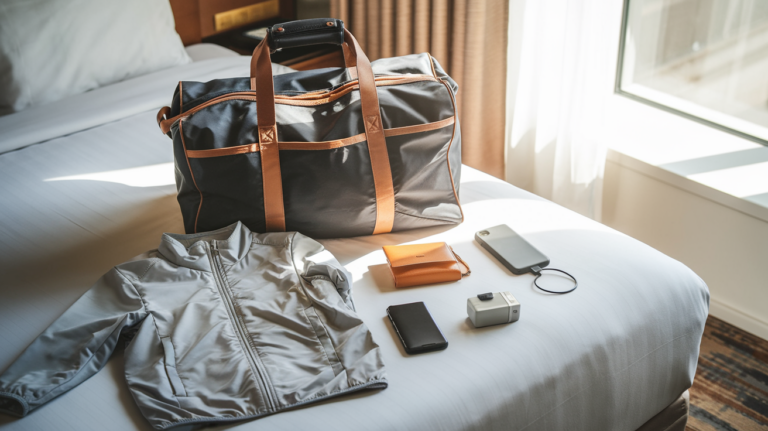 Travel essentials including a jacket, wallet, first aid kit, and portable charger neatly arranged on a hotel bed.