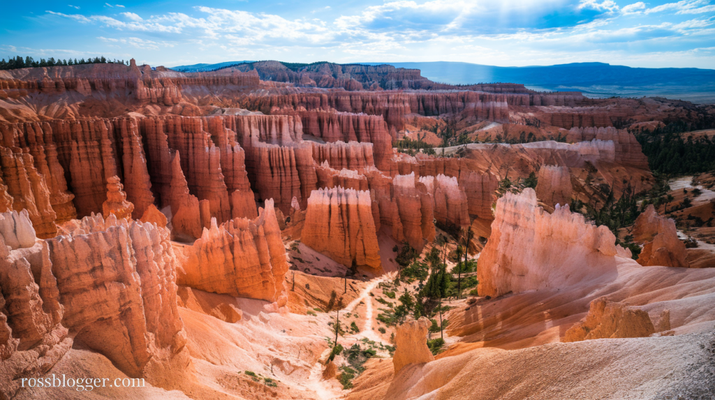 Stunning view of Bryce Canyon filled with tall hoodoos in shades of orange and red, a winding visitor trail, and a mountainous backdrop under a partly cloudy sky.