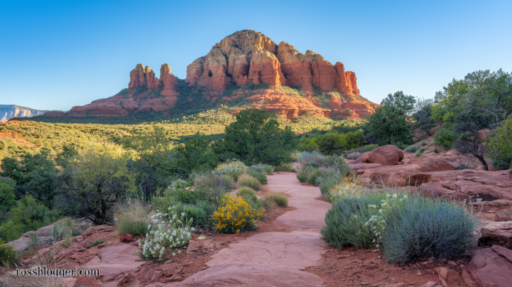 Scenic view of Sedona's majestic red rock formations under a clear blue sky, with a winding dirt path surrounded by lush green vegetation inviting exploration.