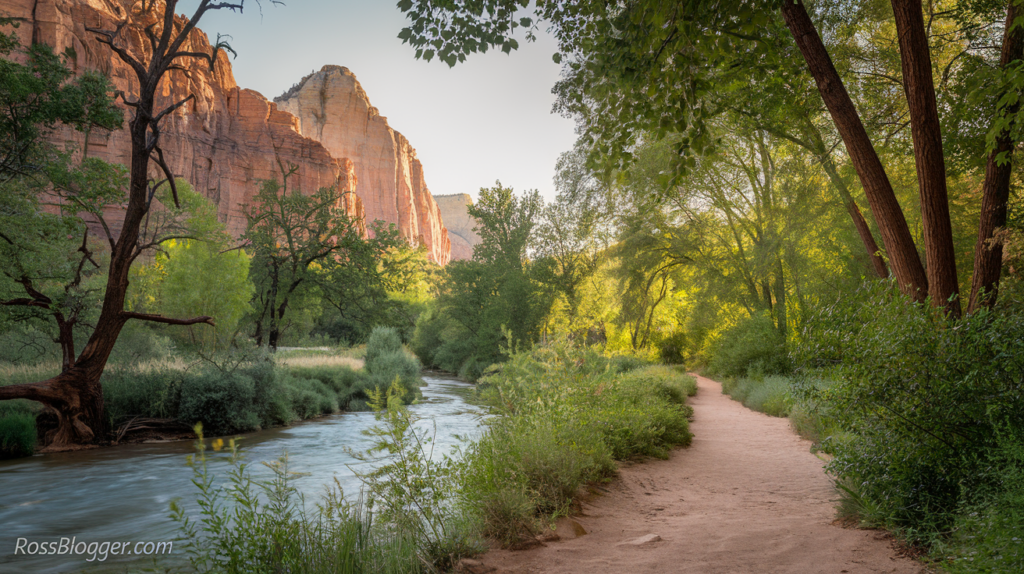 Serene landscape of Zion National Park with a winding dirt path, lush greenery, a tranquil river, and towering reddish-brown cliffs illuminated by sunlight.