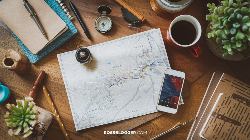 Overhead view of road trip planning essentials on a wooden desk, featuring a map, compass, GPS on a smartphone, and a notebook, perfect for planning a scenic travel route.