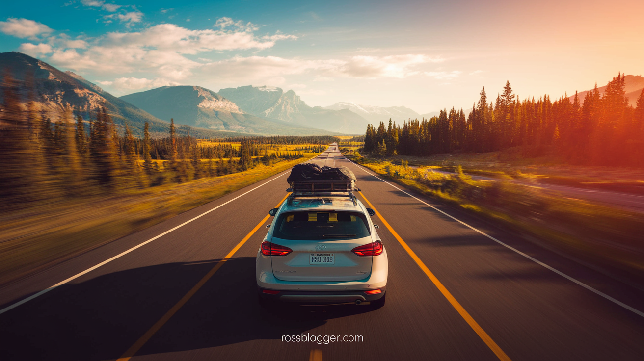 Car driving on a scenic highway surrounded by mountains and forests, symbolizing the excitement and adventure of a perfectly planned road trip.