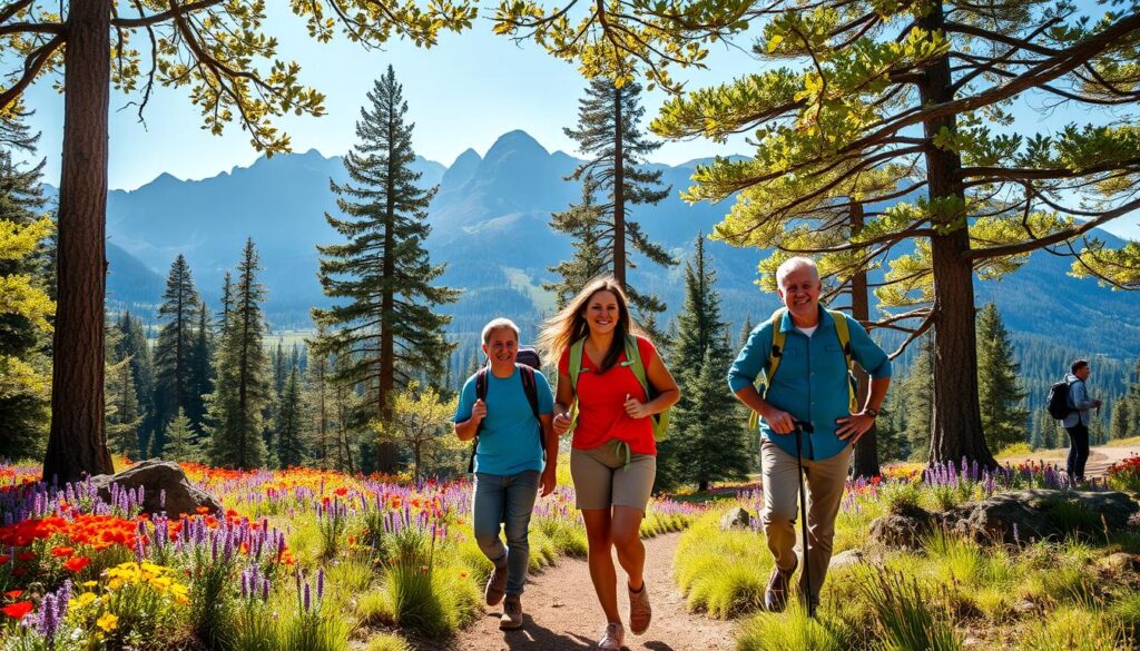 family hiking in national park