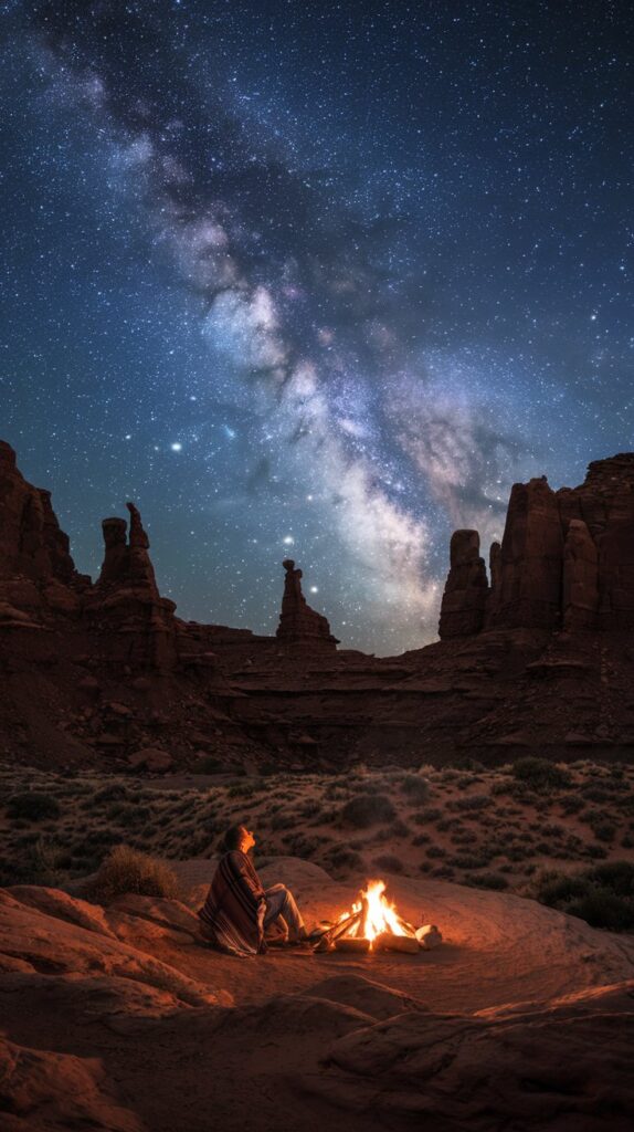 Star-filled night sky over Southern Utah’s red rock formations.