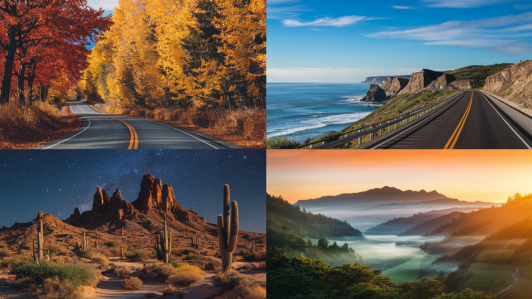 Affordable U.S. road trip destinations: a vibrant autumn forest along the Blue Ridge Parkway, a coastal highway reminiscent of the Oregon Coast, a desert landscape like Joshua Tree National Park, and a misty mountain range in the Smoky Mountains.