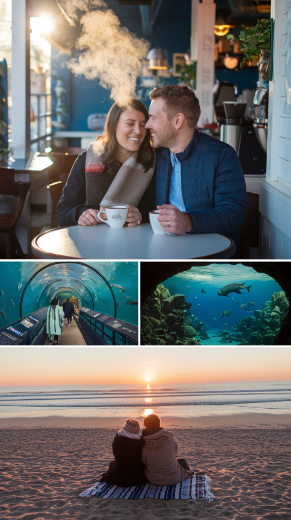 Couple enjoying coffee at Nye Beach café and watching the sunset on the beach in Newport, Oregon.