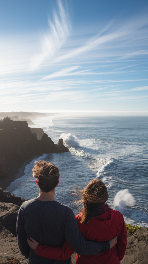 Couple admiring ocean views from Cape Perpetua cliffs on the Oregon Coast.