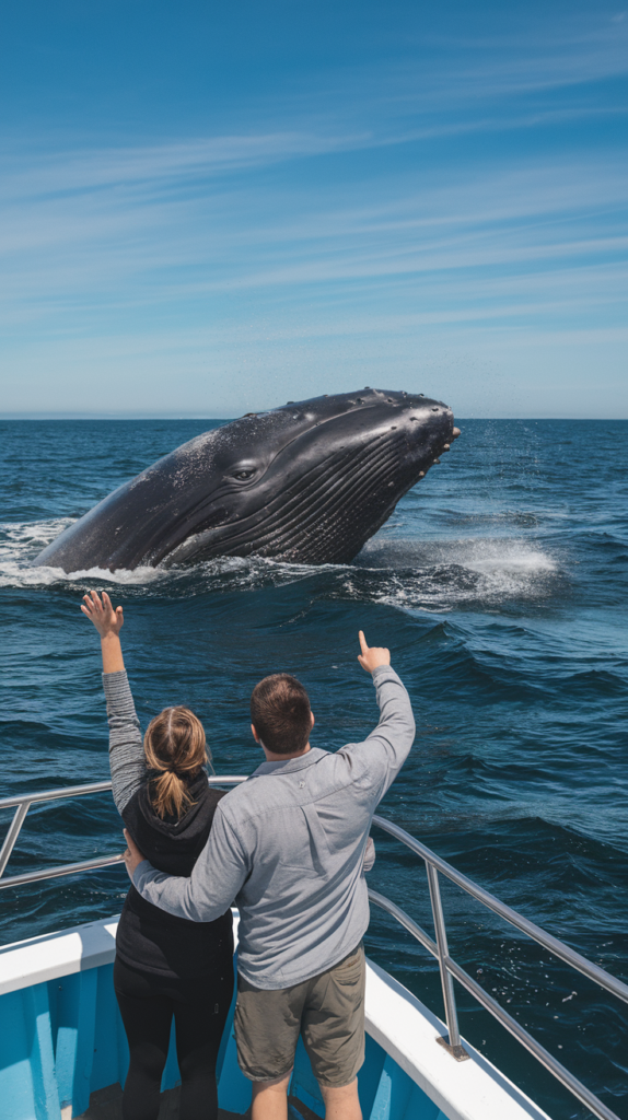 Couple whale watching in Depoe Bay, Oregon, with a gray whale breaching nearby.