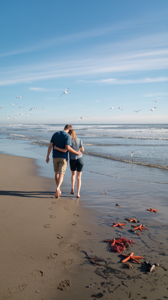 Couple exploring tide pools and starfish at Seaside Beach, Oregon.