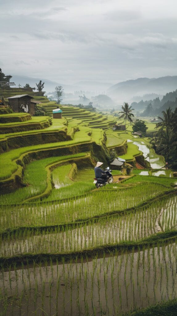 Traveler riding a motorbike through Vietnam’s green terraced rice fields.