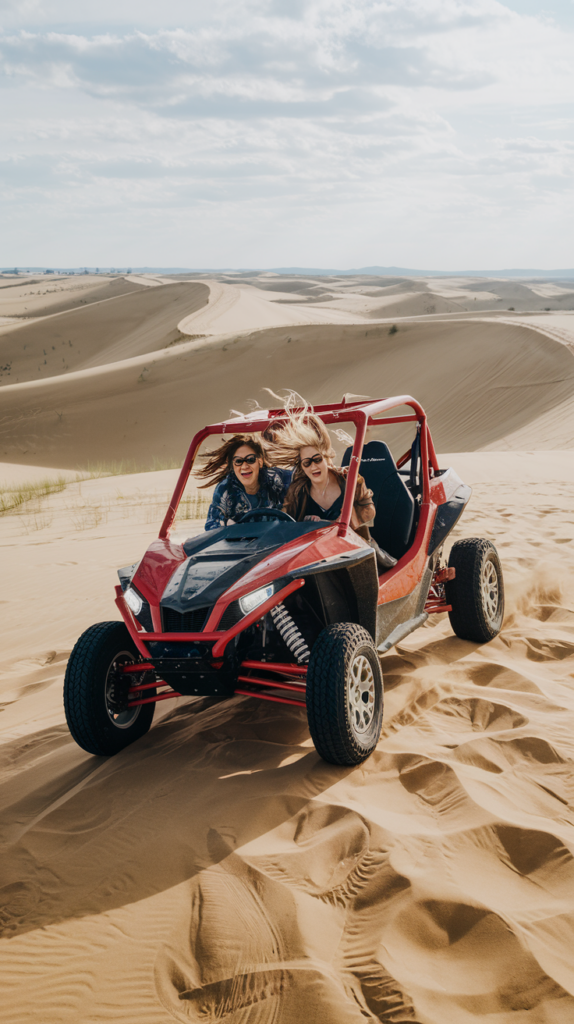 Couple riding a red dune buggy in the Oregon Dunes National Recreation Area.