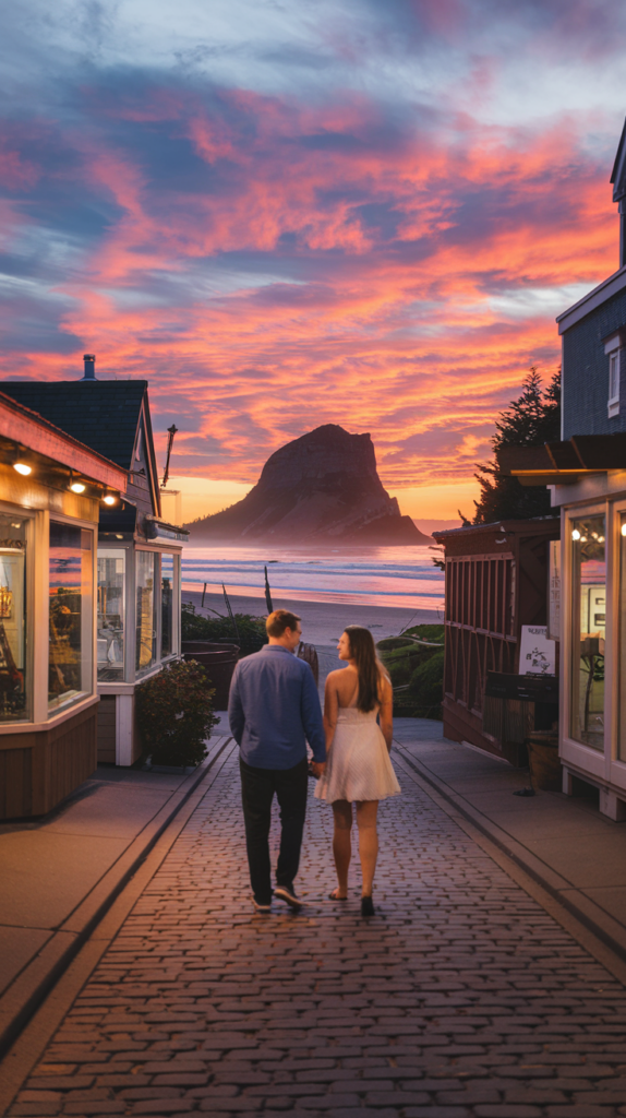 Romantic couple walking through Cannon Beach, Oregon, at sunset with Haystack Rock in the background.