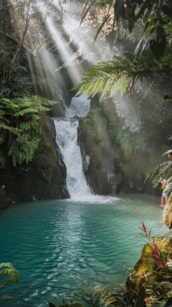 Hidden jungle waterfall in Bali surrounded by lush green tropical plants.