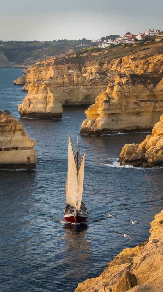 Traditional sailboat along Portugal’s Algarve coastline with golden cliffs and blue ocean.