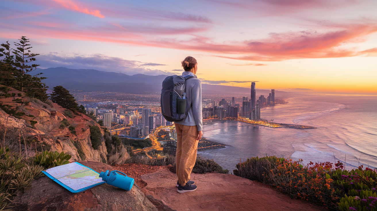 Traveler overlooking a coastal city at sunset with a backpack, symbolizing stress-free and budget-friendly travel.