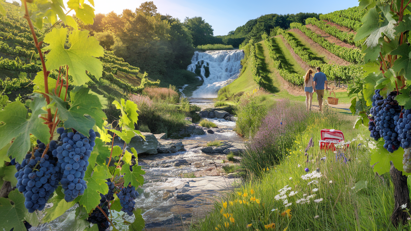 Summer landscape of the Finger Lakes with lush vineyards, a flowing waterfall, and a couple walking hand-in-hand through the vineyard.