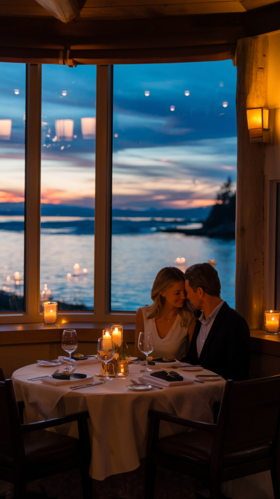 Romantic candlelit dinner at The Bay House at Salishan with views of the Oregon bay at sunset.