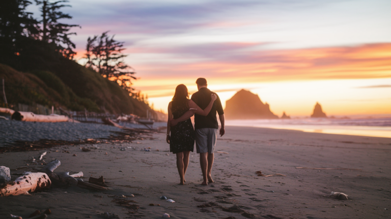 Couple walking hand-in-hand along the Oregon Coast at sunset with Haystack Rock in the background.