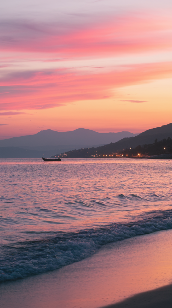 Sunset over a quiet beach on Albania’s Riviera with distant mountains.