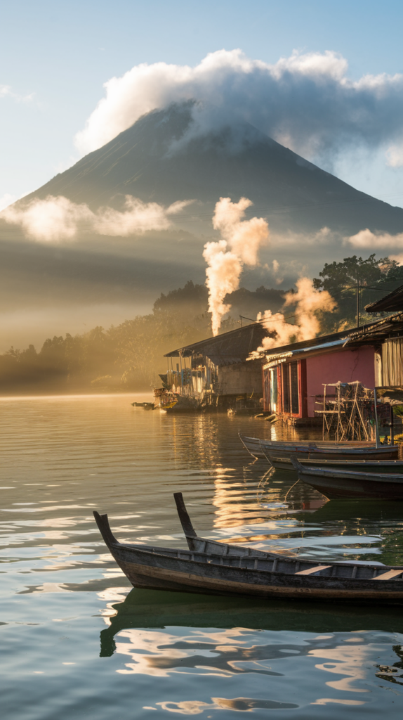 Sunrise over Lake Atitlán in Guatemala with volcanoes in the background.