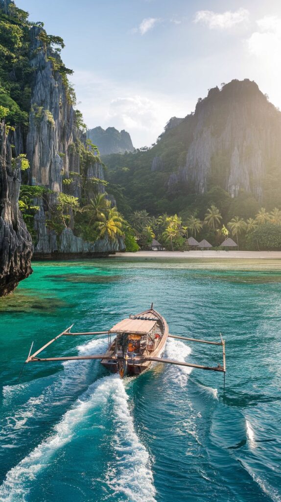 Traditional boat sailing between limestone islands in Palawan, Philippines.