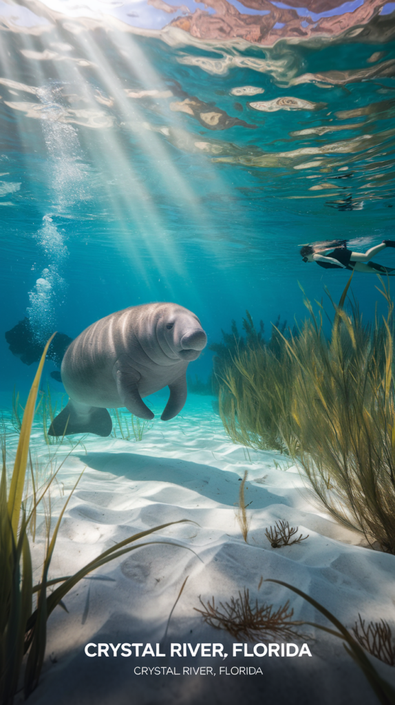 Snorkeler swimming with manatees in the clear waters of Crystal River, Florida.