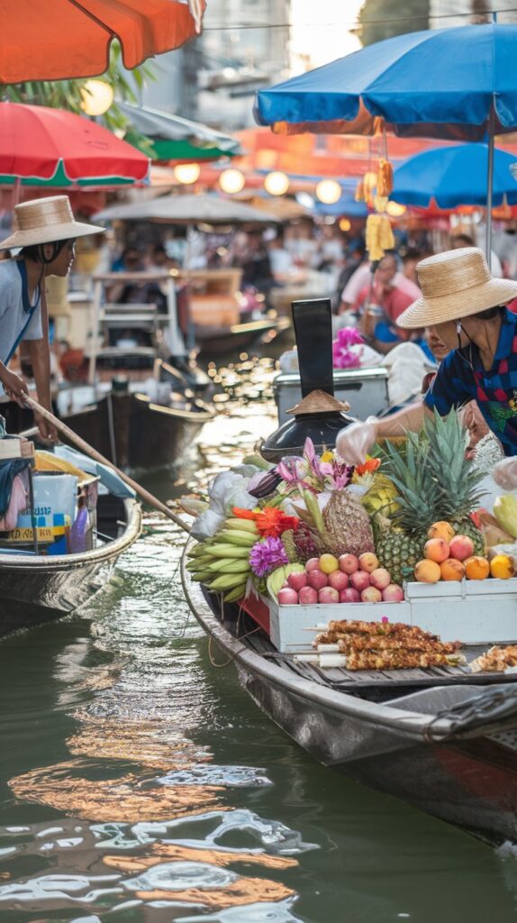 Vibrant floating market in Bangkok with colorful boats selling tropical fruits and street food